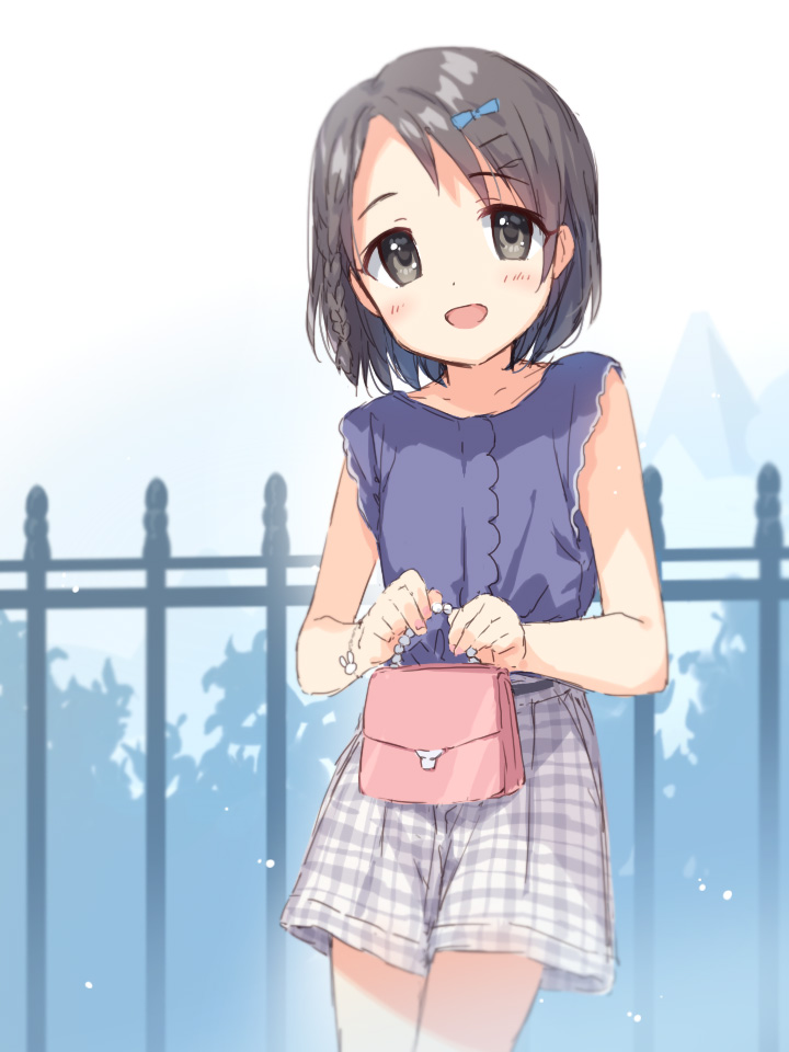 1girl bag bangs black_eyes black_hair blue_bow bow bracelet braid check_commentary checkered_shorts child collarbone commentary_request day eyebrows_visible_through_hair fence flat_chest grey_shorts hair_bow hand_bag holding holding_bag idolmaster idolmaster_cinderella_girls jewelry light_blush looking_at_viewer nanikammm open_mouth outdoors pink_bag plate purple_shirt sasaki_chie shirt short_hair shorts simple_background sleeveless sleeveless_shirt smile solo thighs