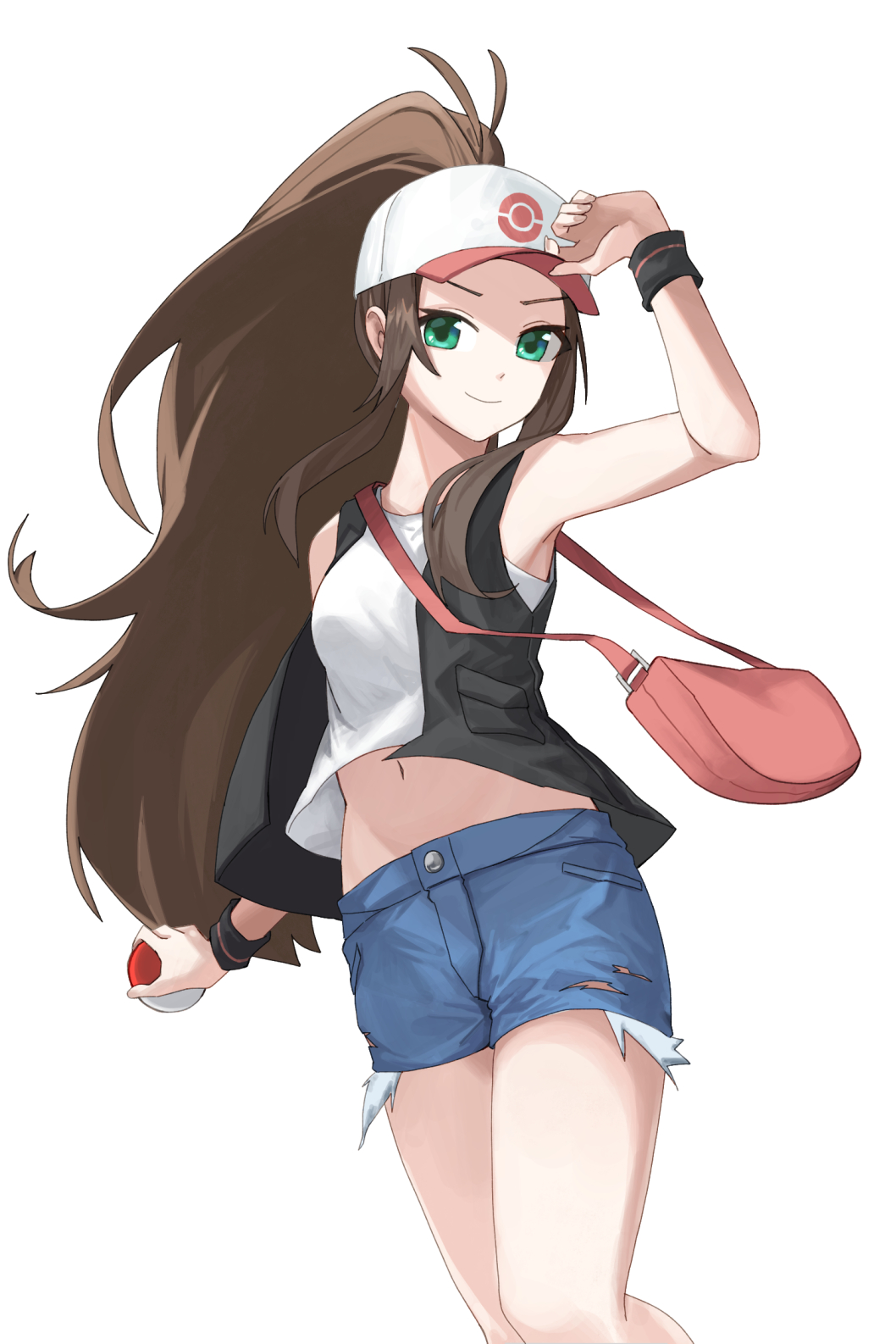 1girl 26th armpits bag bare_arms bare_legs black_vest blue_shorts brown_hair closed_mouth denim denim_shorts green_eyes handbag hat high_ponytail highres hilda_(pokemon) holding holding_poke_ball long_hair midriff navel open_clothes open_vest poke_ball pokemon pokemon_(game) pokemon_bw shiny shiny_hair shirt short_shorts shorts simple_background sleeveless sleeveless_shirt smile solo standing stomach torn_clothes torn_shorts very_long_hair vest white_background white_headwear white_shirt wristband