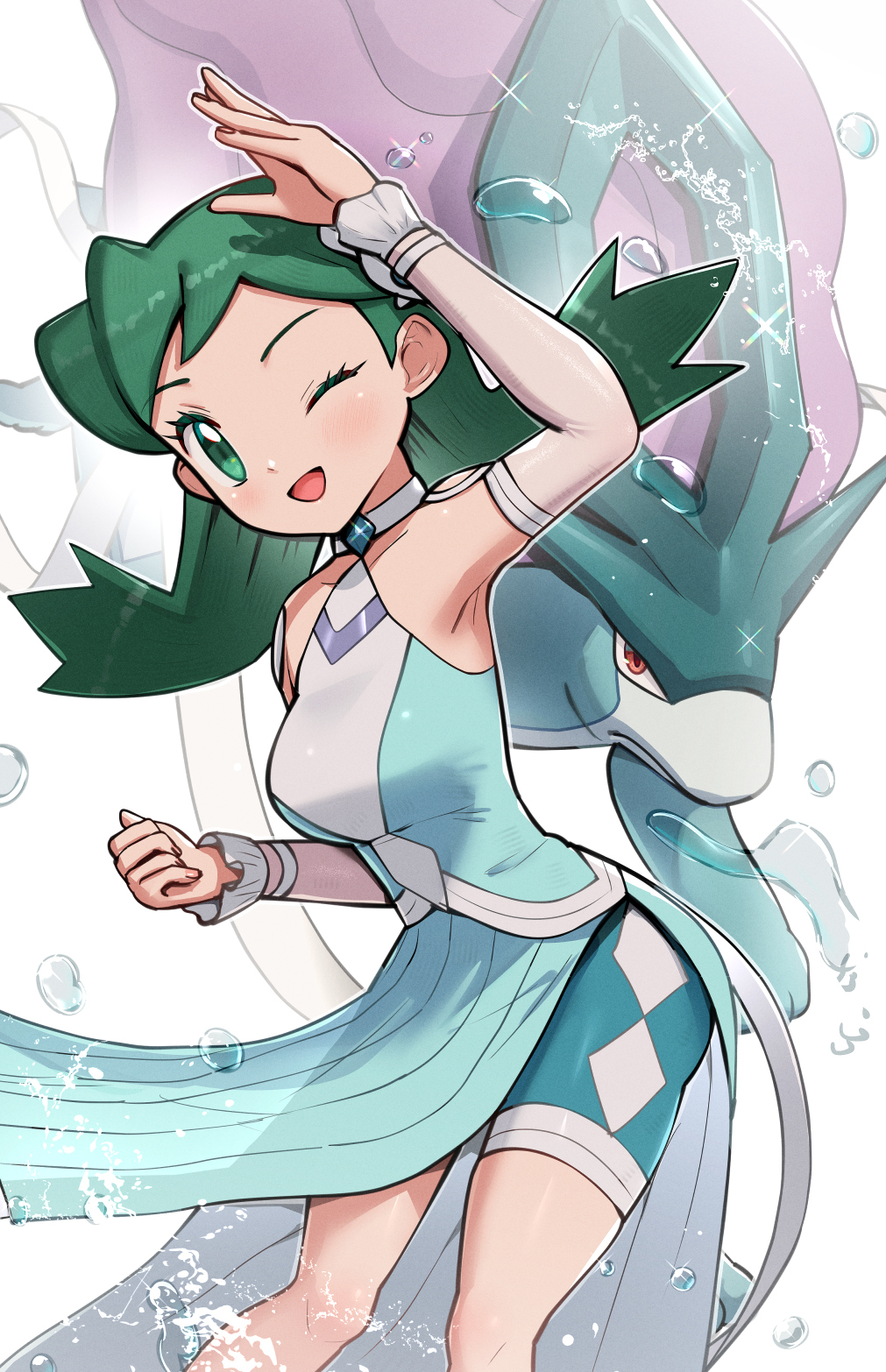 1girl :d aqua_dress aqua_eyes aqua_hair armpits blush breasts choker collarbone commentary detached_sleeves dress gonzarez halter_dress halterneck highres kris_(pokemon) looking_at_viewer low_twintails medium_breasts medium_hair official_alternate_costume one_eye_closed open_mouth pokemon pokemon_(creature) pokemon_(game) pokemon_masters_ex shorts_under_dress side_slit simple_background smile suicune twintails white_background wrist_cuffs
