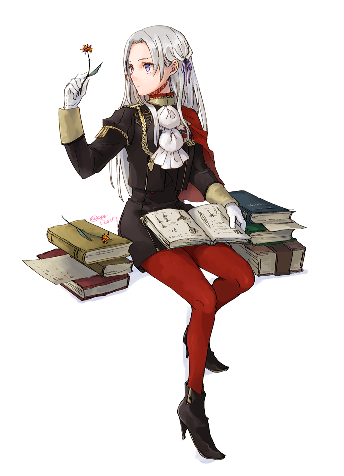 1girl black_jacket black_shorts book book_on_lap book_stack braid closed_mouth edelgard_von_hresvelg fire_emblem fire_emblem:_three_houses flower french_braid grey_eyes hair_ribbon high_heels holding holding_flower invisible_chair jacket long_hair long_sleeves pantyhose purple_ribbon red_legwear ribbon robaco shiny shiny_hair short_shorts shorts simple_background sitting solo very_long_hair white_background white_hair