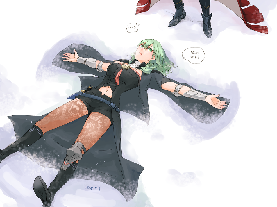 1girl bangs black_footwear black_shorts boots brown_legwear cape edelgard_von_hresvelg enlightened_byleth_(female) eyebrows_visible_through_hair green_eyes green_hair grey_cape hair_between_eyes knee_boots legwear_under_shorts long_hair midriff navel open_mouth outstretched_arms pantyhose robaco short_shorts shorts snow_angel solo_focus speech_bubble stomach