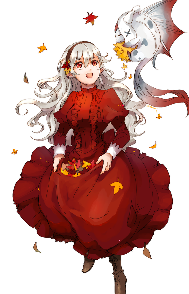 1girl :d bangs black_hairband brown_footwear character_request corrin_(fire_emblem) corrin_(fire_emblem)_(female) dress eyebrows_visible_through_hair fire_emblem fire_emblem_fates floating_hair hair_between_eyes hairband long_dress long_hair long_sleeves looking_up open_mouth red_dress red_eyes robaco shiny shiny_hair smile solo standing very_long_hair white_hair