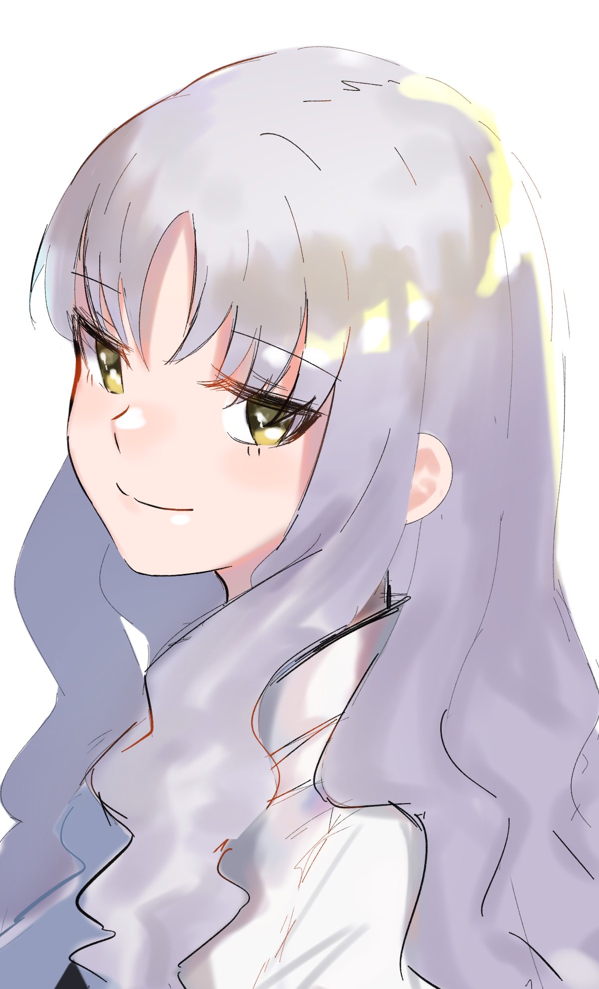 1girl bangs c: caren_hortensia closed_mouth eyebrows_visible_through_hair fate/hollow_ataraxia fate_(series) grin highres konakuso long_hair looking_at_viewer simple_background smile smug solo type-moon upper_body wavy_hair white_background white_hair yellow_eyes