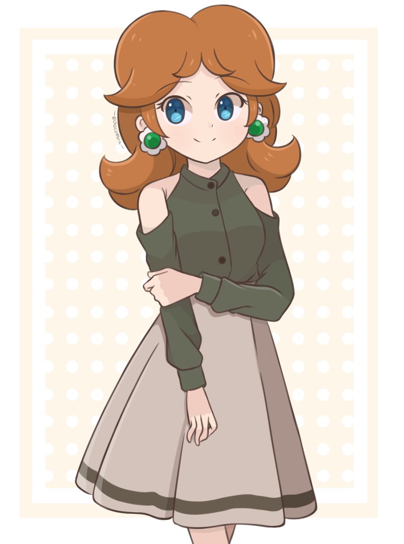 1girl alternate_costume artist_name bangs blue_eyes brown_hair chocomiru closed_mouth crop_top crown crown_removed detached_sleeves earrings green_shirt jewelry looking_at_viewer off_shoulder polka_dot polka_dot_background princess_daisy shirt skirt smile solo super_mario_bros.