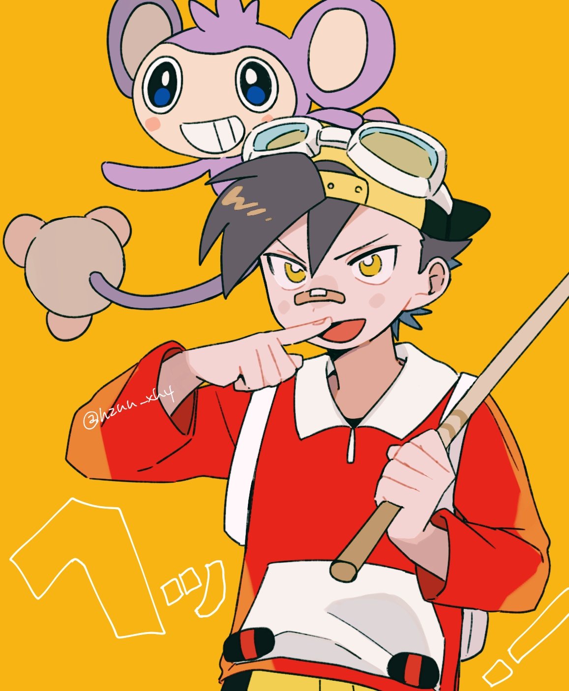 ! 1boy aipom backwards_hat bandaid bandaid_on_face bandaid_on_nose bangs brown_hair commentary_request ethan_(pokemon) fishing_rod goggles goggles_on_headwear hat highres holding holding_fishing_rod jacket male_focus momotose_(hzuu_xh4) on_head open_mouth pokemon pokemon_(creature) pokemon_adventures pokemon_on_head red_jacket short_hair shorts smile tongue twitter_username watermark yellow_background yellow_eyes yellow_shorts