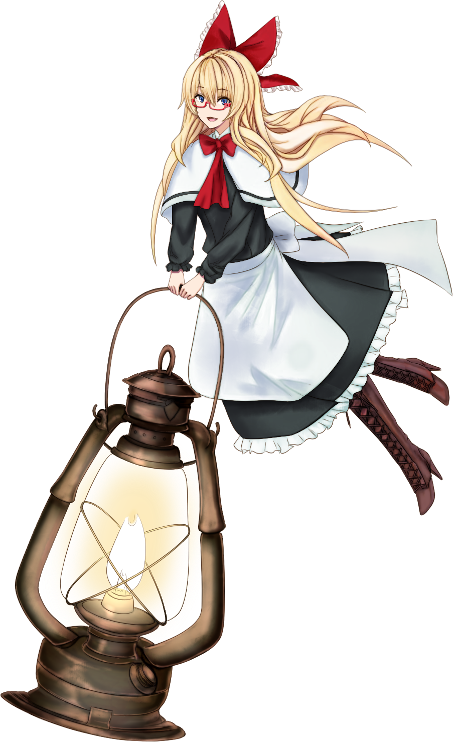 1girl apron ascot black_dress blonde_hair blue_eyes boots bow brown_footwear capelet doll dress frilled_dress frills glasses hair_bow high_heels highres lamp long_hair minigirl polearm red_ascot shanghai_doll short_hair shoulder_guard skirt_hold smile solo tachi-e tk31 touhou transparent_background waist_apron weapon