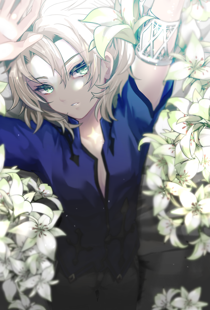 1boy albedo_(genshin_impact) androgynous arm_cuffs blonde_hair blue_eyes blue_shirt en_nokami floral_background flower genshin_impact looking_at_viewer looking_up lying male_focus on_back shirt short_hair short_sleeves solo star_(symbol) tattoo