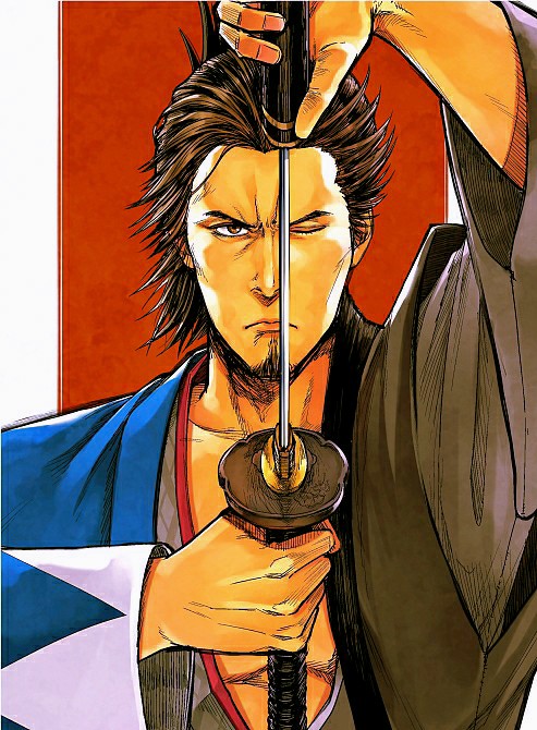 1boy brown_eyes commentary_request japanese_clothes jidaigeki katana kimono kiryuu_kazuma looking_at_viewer male_focus medium_hair miyamoto_musashi_(kenzan) one_eye_closed otamot outside_border red_background ryuu_ga_gotoku ryuu_ga_gotoku_isshin ryuu_ga_gotoku_kenzan sakamoto_ryoma_(isshin) samurai sheath spiky_hair split sword unsheathing upper_body weapon white_background