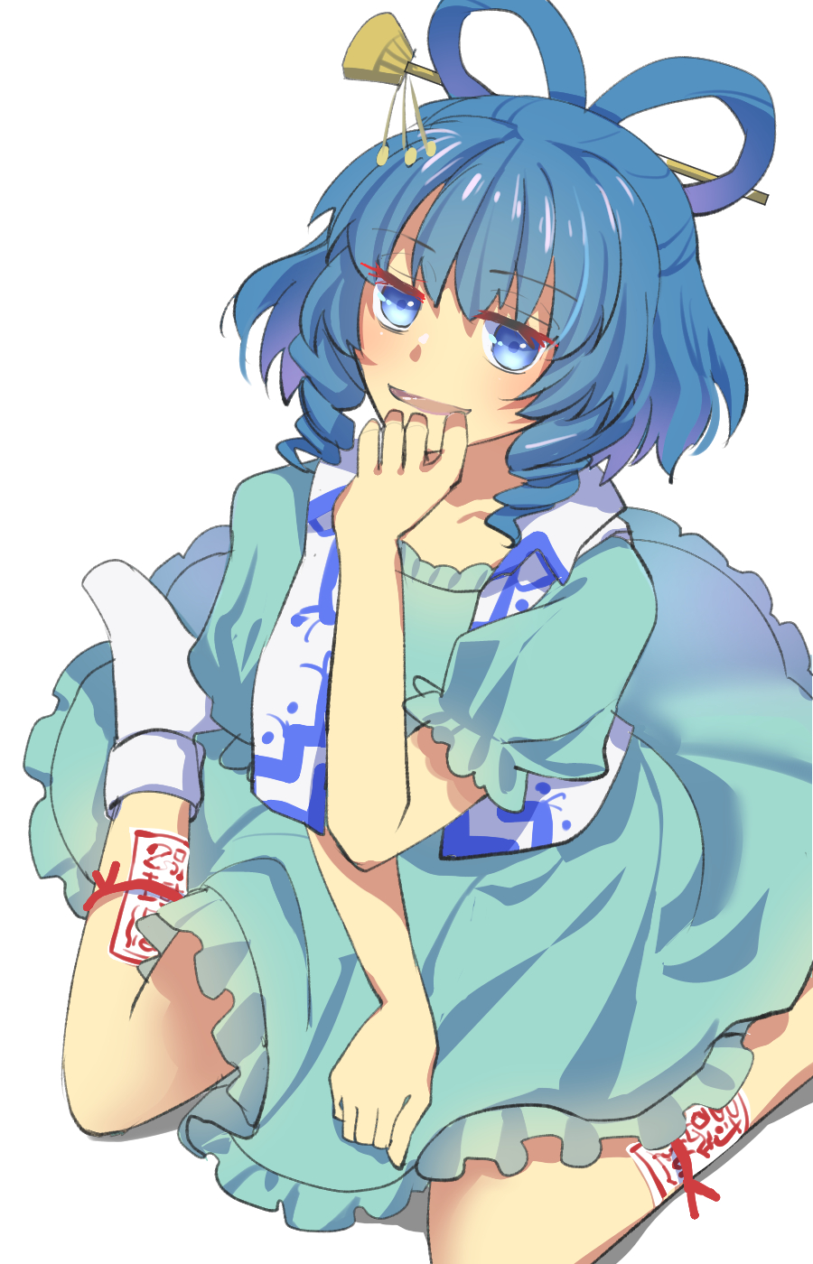 1girl bangs blue_dress blue_eyes blue_hair bobby_socks breasts dress drill_locks eyebrows_visible_through_hair from_above hair_ornament hair_rings hair_stick hand_on_own_chin highres kaku_seiga leg_ribbon light_blush looking_at_viewer medium_breasts medium_hair nayozane_(worker7) ofuda open_clothes open_mouth open_vest puffy_short_sleeves puffy_sleeves red_ribbon ribbon short_sleeves simple_background sitting smile socks solo touhou vest wariza white_background white_legwear white_vest