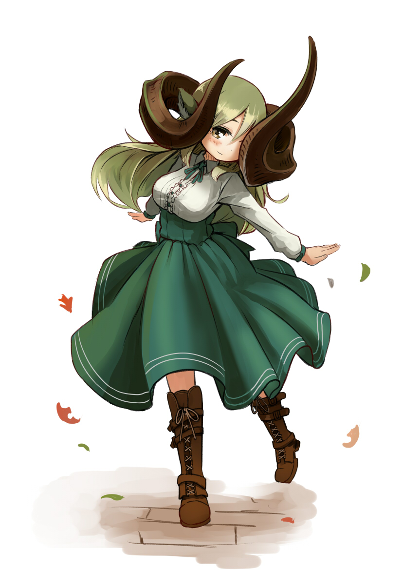 159cm 1girl animal_ears asymmetrical_horns bangs blush boots brown_footwear closed_mouth commentary_request full_body glan_(159cm) green_hair green_skirt hair_between_eyes head_tilt horns long_hair long_sleeves looking_at_viewer original outstretched_arms simple_background skirt solo white_background