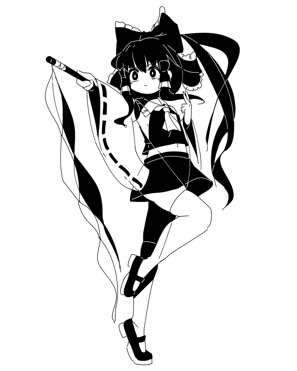 1girl ascot bangs bow bright_pupils closed_mouth detached_sleeves full_body gohei hair_bow hair_tubes hakurei_reimu highres housulu monochrome navel ribbon-trimmed_sleeves ribbon_trim shirt shoes sidelocks simple_background skirt solo standing standing_on_one_leg touhou wide_sleeves