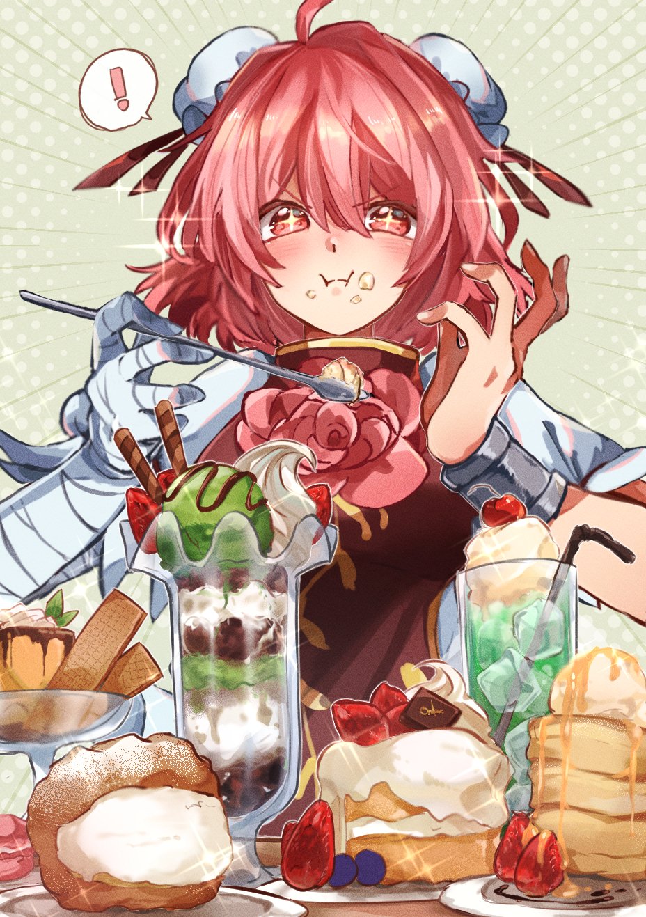 ! +_+ 1girl bandaged_arm bandages bangs bun_cover chinese_clothes closed_mouth cuffs cup dagasitotaiyou double_bun drinking_glass drinking_straw eating food hair_bun highres holding holding_spoon ibaraki_kasen ice_cream looking_at_viewer pink_eyes pink_hair polka_dot polka_dot_background shackles short_hair solo spoken_exclamation_mark spoon star_(symbol) touhou touhou_lost_word upper_body