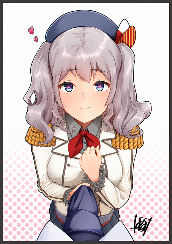 1boy 1girl admiral_(kancolle) bangs beret blue_eyes blue_necktie breasts clenched_hand closed_mouth collared_shirt epaulettes eyebrows_visible_through_hair grey_hair grey_shirt hat heart heart-shaped_pupils jacket kantai_collection kashima_(kancolle) large_breasts long_hair looking_up military_jacket neckerchief necktie necktie_grab neckwear_grab pov red_neckerchief shirt signature simple_background skirt symbol-shaped_pupils tadokoro_nurikabe twintails white_jacket