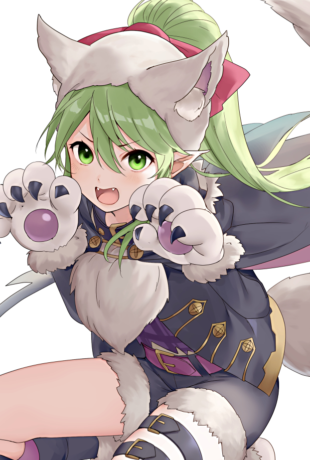 1girl animal_ears animal_hands cosplay fake_animal_ears fake_tail fangs fire_emblem fire_emblem_awakening fire_emblem_heroes gloves green_eyes green_hair grima_(fire_emblem) grima_(fire_emblem)_(cosplay) haru_(nakajou-28) open_mouth paw_gloves robe robin_(fire_emblem) robin_(fire_emblem)_(female) robin_(fire_emblem)_(female)_(cosplay) shorts simple_background solo tail twintails v-shaped_eyebrows white_background wolf_ears wolf_tail