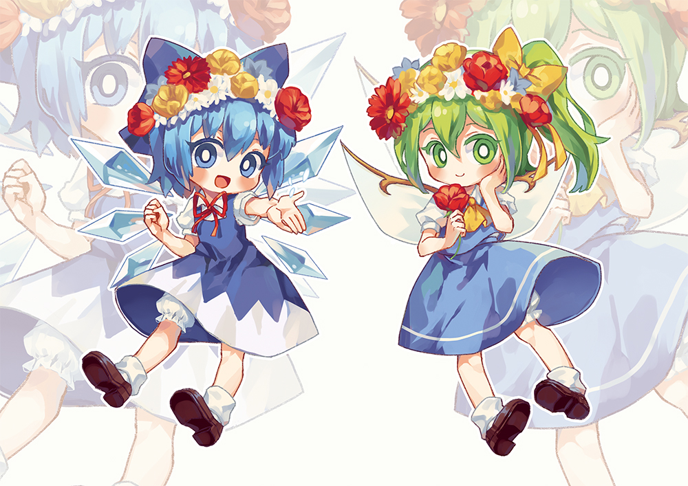 2girls :d ascot bloomers blue_bow blue_dress blue_eyes blue_hair blue_skirt blue_vest blush bow bright_pupils brown_footwear chibi cirno closed_mouth collared_shirt daiyousei dress eyebrows_behind_hair fairy_wings flower flower_wreath full_body green_eyes green_hair hair_bow hand_on_own_cheek hand_on_own_face ice ice_wings loafers looking_at_viewer medium_hair multiple_girls neck_ribbon one_side_up open_hand open_mouth outstretched_arm puffy_short_sleeves puffy_sleeves red_flower red_ribbon ribbon shirt shoes short_sleeves skirt skirt_set smile socks suelement touhou underwear vest white_bloomers white_flower white_legwear white_pupils white_shirt wings yellow_ascot yellow_bow yellow_flower