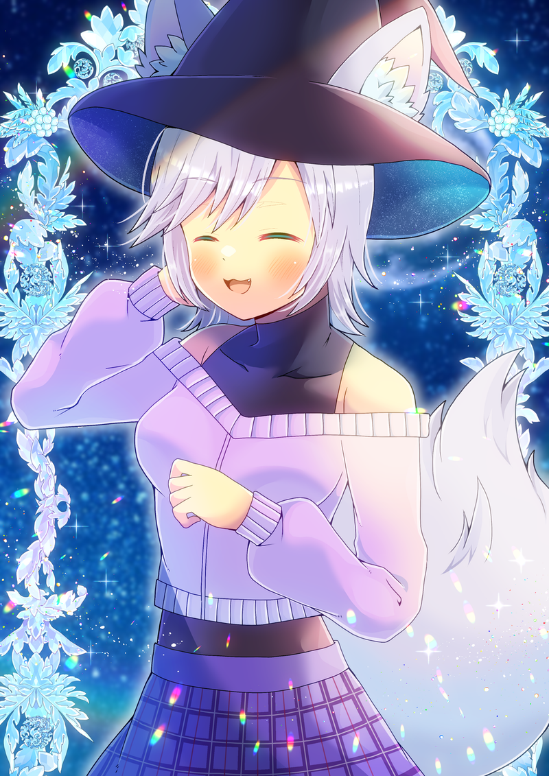 1girl animal_ears black_shirt blue_background breasts closed_eyes fox_ears fox_girl fox_tail grey_hair hat indie_virtual_youtuber kou_hiyoyo nyxia off-shoulder_sweater off_shoulder open_mouth purple_sweater shirt short_hair skirt sleeveless sleeveless_shirt smile starry_background sweater tail virtual_youtuber witch_hat