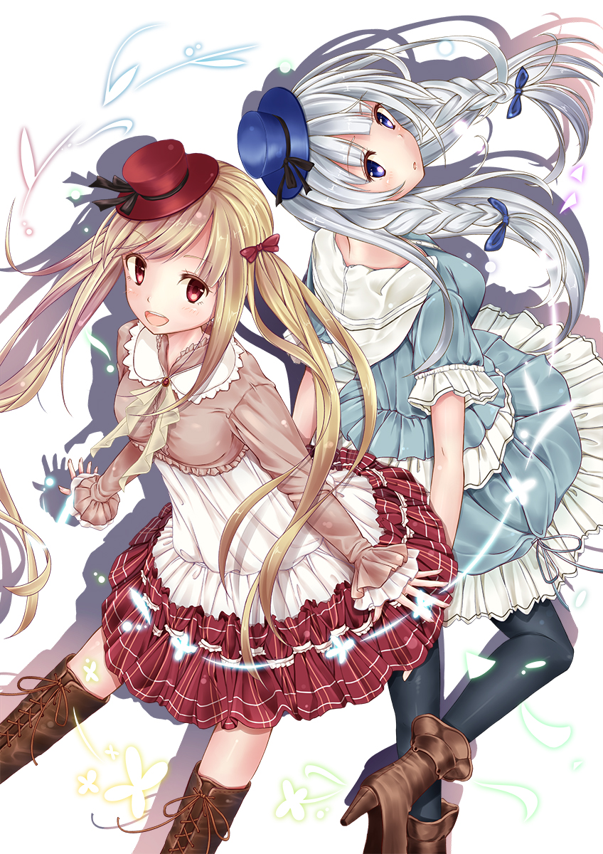 2girls ahirun black_ribbon blonde_hair blue_dress blue_headwear boots comiket_85 commentary commentary_request dress frilled_dress frills hat highres knee_boots leggings looking_at_viewer mini_hat mini_top_hat multiple_girls pose red_dress red_eyes red_headwear ribbon top_hat violet_eyes white_hair