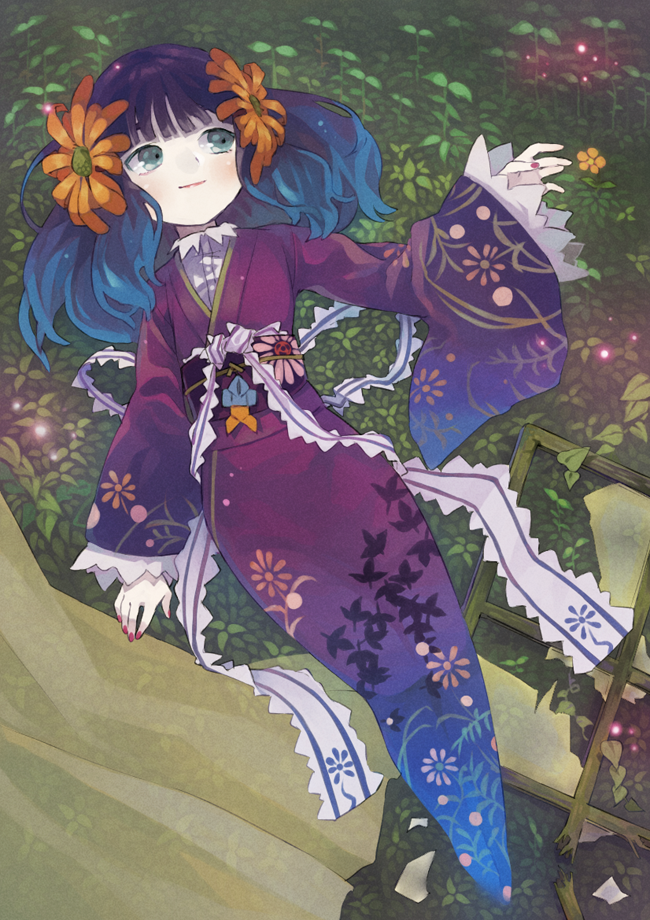 1girl blue_hair broken chiyo_(fragile) collared_shirt curtains eyebrows_behind_hair floral_print flower fragile:_sayonara_tsuki_no_haikyo ghost ghost_tail green_eyes hair_flower hair_ornament japanese_clothes kimono lips long_hair long_sleeves nail_polish obi purple_kimono sash shirt smile solo spirit tengutan wide_sleeves window