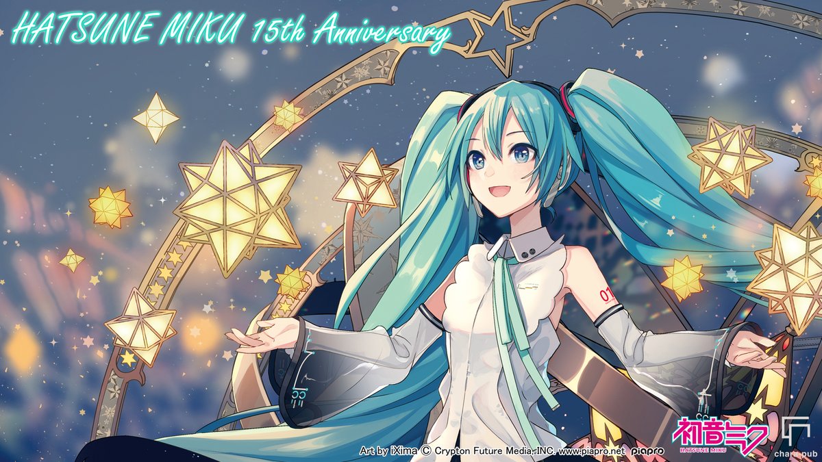 1girl anniversary aqua_eyes aqua_hair aqua_ribbon bare_shoulders character_name commentary crypton_future_media detached_sleeves glowing hair_ornament hatsune_miku hatsune_miku_(nt) headphones ixima layered_sleeves long_hair neck_ribbon night night_sky official_art open_mouth outstretched_arms piapro ribbon see-through see-through_sleeves shirt shoulder_tattoo sky sleeveless sleeveless_shirt small_stellated_dodecahedron smile solo star_(sky) star_(symbol) star_print stellated_octahedron tattoo twintails upper_body very_long_hair vocaloid white_shirt white_sleeves