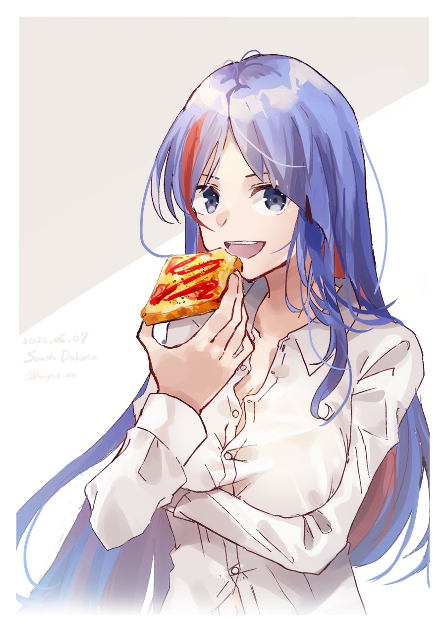 1girl alternate_costume blue_hair breasts dress_shirt eating food highres kantai_collection large_breasts long_hair looking_at_viewer multicolored_hair one-hour_drawing_challenge redhead shirt solo south_dakota_(kancolle) streaked_hair toast u_yuz_xx upper_body