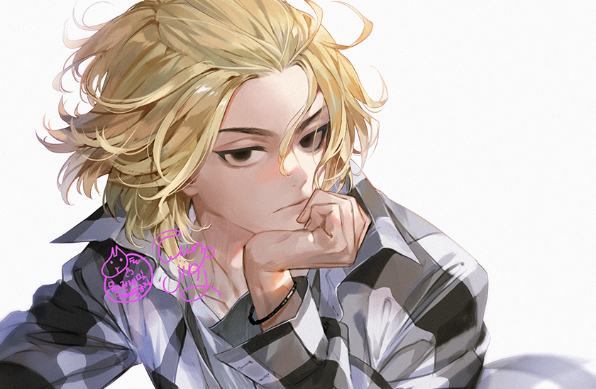 1boy black_eyes blonde_hair bracelet empty_eyes funpjinju hair_pulled_back hand_on_own_chin jewelry looking_at_viewer male_focus sano_manjirou signature solo tokyo_revengers white_background