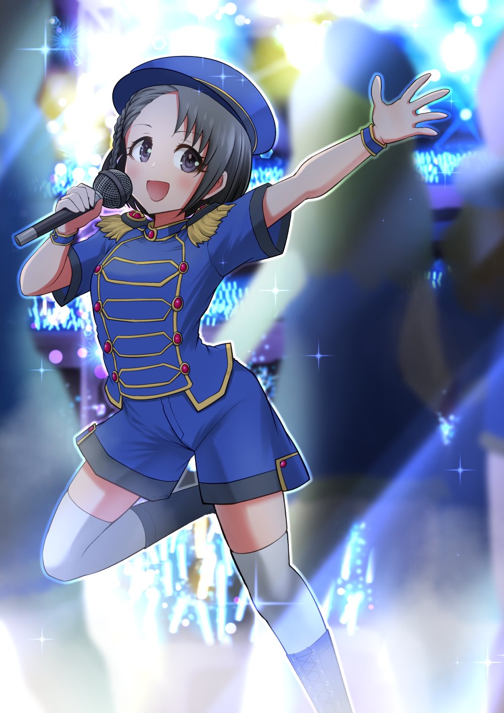 1girl bangs black_eyes blue_footwear blue_headwear blue_napoleon_(idolmaster) blue_shirt blue_shorts blush boots braid breasts brooch child commentary_request epaulettes hand_up hat highres holding holding_microphone idol idolmaster idolmaster_cinderella_girls jewelry kotori_ryou leg_up legs lights looking_afar microphone music open_mouth outstretched_arm sasaki_chie shirt short_hair short_sleeves shorts singing small_breasts smile solo stage thigh-highs thighs white_legwear wristband