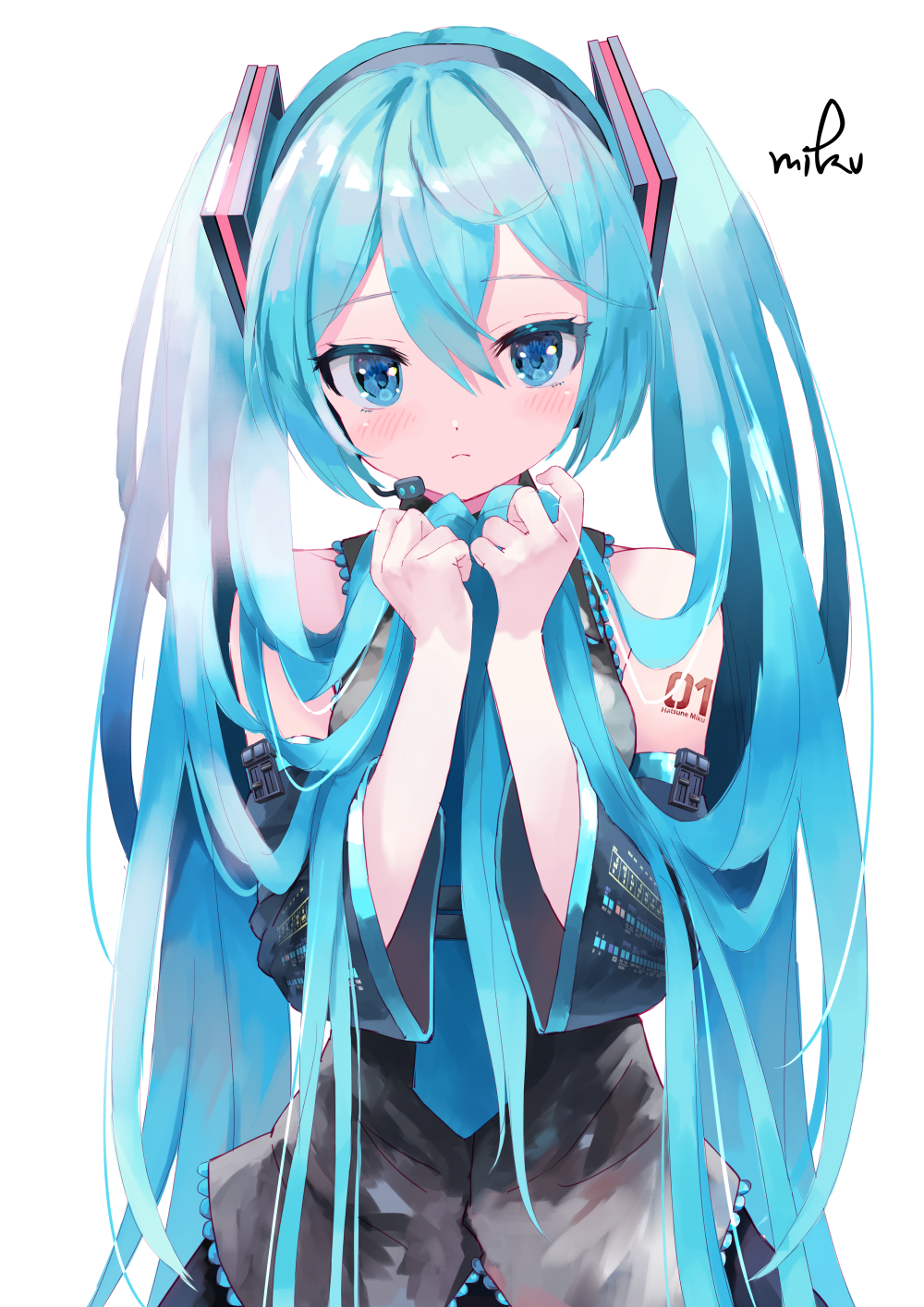 1girl arm_tattoo bangs black_shirt black_sleeves blue_eyes blue_hair blue_necktie blush character_name closed_mouth collared_shirt commentary detached_sleeves hair_between_eyes hands_up hatsune_miku highres holding holding_hair long_hair necktie shirt simple_background sleeveless sleeveless_shirt solo takepon1123 tattoo twintails upper_body vocaloid white_background