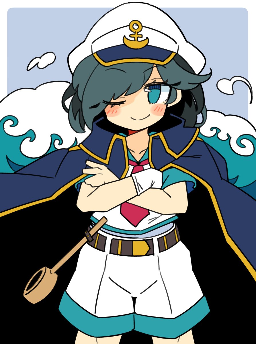 1girl anchor_symbol aqua_eyes black_cloak black_hair blush cloak closed_mouth crossed_arms eyebrows_visible_through_hair feet_out_of_frame gloves hat highres ini_(inunabe00) murasa_minamitsu one_eye_closed sailor_collar sailor_shirt shirt short_hair short_sleeves shorts smile solo touhou touhou_gouyoku_ibun white_gloves white_headwear white_shirt white_shorts