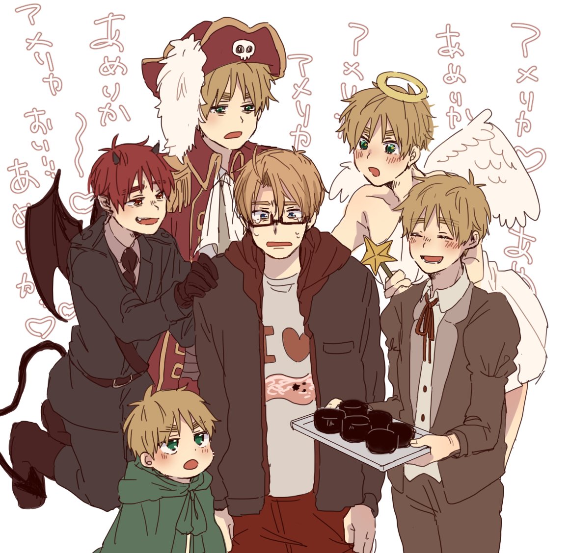alternate_costume alternate_hair_color america_(hetalia) angel angel_wings axis_powers_hetalia bad_food belt cape child dark_persona demon_boy demon_tail floating green_cape hand_on_another's_shoulder hat holding holding_tray hood hooded_cape i_heart... male_focus multiple_persona natsumegu_512 nervous pirate pirate_hat scone smile sweatdrop tail thick_eyebrows tray united_kingdom_(hetalia) white_background wings younger