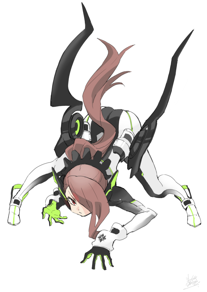 1girl ass black_gloves bodysuit brown_hair check_copyright closed_mouth copyright_request gloves gradient gradient_clothes green_gloves grey_background hair_over_one_eye highres long_hair looking_at_viewer maid_headdress mitogawawataru multicolored_clothes multicolored_gloves original ponytail red_eyes signature simple_background solo two-tone_gloves