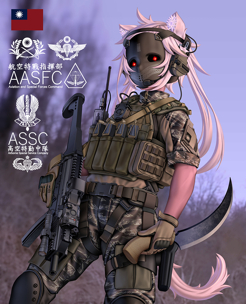 1girl ahoge animal_ear_fluff animal_ears assault_rifle belt blurry blurry_background brown_gloves bulletproof_vest camouflage camouflage_jacket camouflage_pants chinese_text commentary_request contrapposto dutch_angle fang_zhenjun gloves glowing glowing_eyes gun headphones holding holding_gun holding_knife holding_weapon jacket knee_pads knife long_hair looking_at_viewer mask microphone military original pants photo_background red_eyes republic_of_china_flag rifle short_sleeves soldier solo tactical_clothes tail thigh_pouch translation_request trigger_discipline two_side_up walkie-talkie weapon white_hair white_tail xt-107