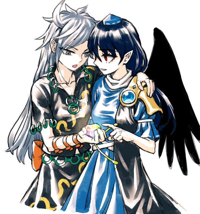2girls ahoge arm_ribbon arm_up armor back_bow bangs belt black_shirt black_skirt blue_dress blue_hair blue_headwear bow breasts collarbone crystal dress eyebrows_visible_through_hair eyes_visible_through_hair gem grey_eyes grey_hair hair_between_eyes hand_on_another's_shoulder hand_up hands_up hat himemushi_momoyo iizunamaru_megumu jewelry long_hair looking_at_another looking_down looking_to_the_side medium_breasts meimaru_inuchiyo multiple_girls open_mouth orange_bow orange_ribbon pointing pointy_ears puffy_short_sleeves puffy_sleeves rainbow red_eyes ribbon shirt short_sleeves simple_background skirt smile standing t-shirt tokin_hat touhou white_background white_belt wings