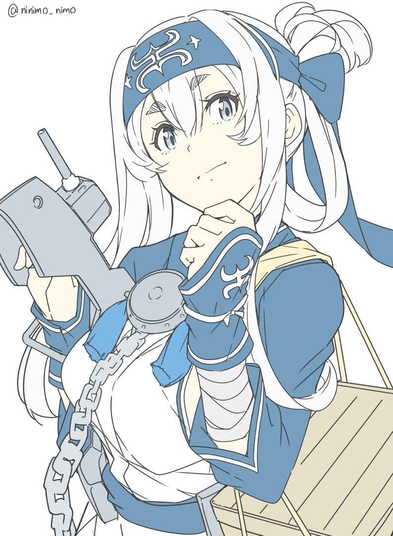 1girl adapted_turret ainu_clothes blue_eyes cannon chain crate cropped_jacket folded_ponytail headband kamoi_(kancolle) kantai_collection machinery ninimo_nimo one-hour_drawing_challenge sidelocks simple_background solo turret upper_body white_background white_hair wrist_guards