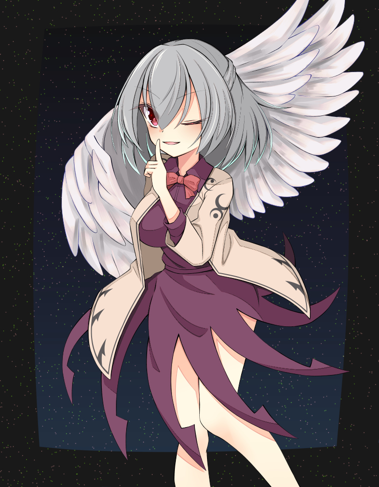 1girl ;d bow bowtie braid dress french_braid jacket kishin_sagume knees_together_feet_apart long_sleeves looking_at_viewer one_eye_closed open_clothes open_jacket purple_dress red_bow red_eyes simple_background single_wing sky smile solo space star_(sky) starry_sky touhou user_cwdv2523 wings