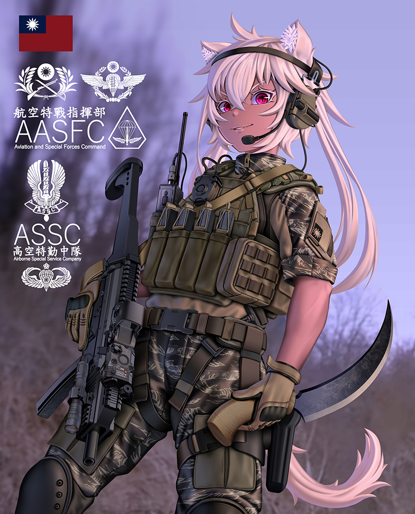 1girl ahoge animal_ear_fluff animal_ears assault_rifle bangs belt blurry blurry_background brown_gloves bulletproof_vest camouflage camouflage_jacket camouflage_pants chinese_text commentary_request contrapposto dutch_angle fang_zhenjun gloves gun hair_between_eyes headphones holding holding_gun holding_knife holding_weapon jacket knee_pads knife long_hair looking_at_viewer microphone military original pants parted_lips photo_background red_eyes republic_of_china_flag rifle short_sleeves smile soldier solo tactical_clothes tail thigh_pouch translation_request trigger_discipline two_side_up walkie-talkie weapon white_hair white_tail xt-107