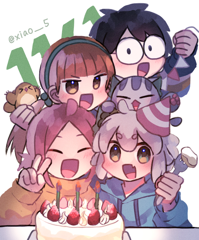 2boys 2girls a'gen_(the_legend_of_luoxiaohei) bangs bidiu_(the_legend_of_luoxiaohei) birthday_cake black_hair blue_hoodie blunt_bangs blush cake candle closed_eyes eyebrows_visible_through_hair fang food fork fruit glasses hairband hat hood hoodie huangshou_(the_legend_of_luoxiaohei) looking_at_viewer luoxiaobai luoxiaohei mochi_no multiple_boys multiple_girls open_mouth orange_hair party_hat pink_hair shanxin_(the_legend_of_luoxiaohei) skin_fang smile strawberry sweater the_legend_of_luo_xiaohei twintails white_hair yellow_sweater