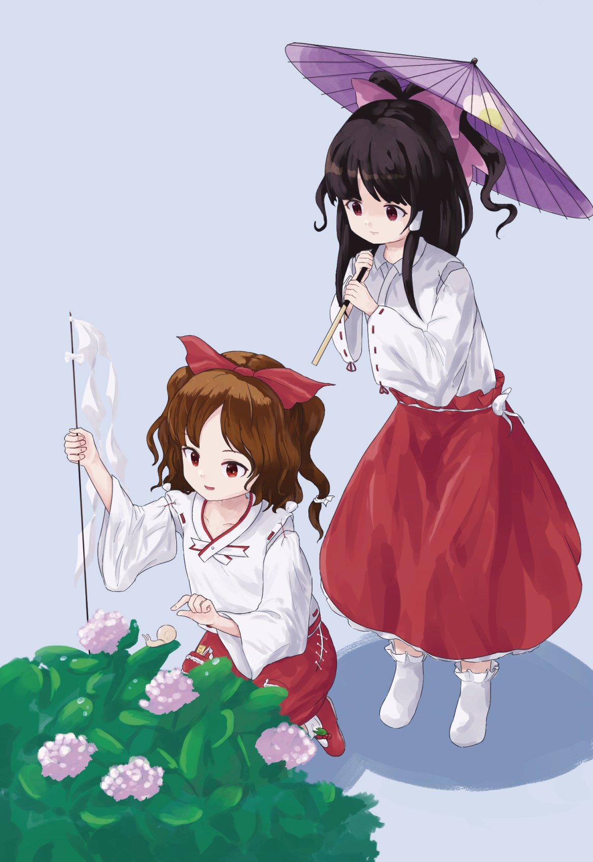 2girls black_hair blonde_shrine_maiden_from_a_future_era_(touhou) blue_background bobby_socks bow brown_hair bush detached_sleeves flower frilled_skirt frills gohei hair_bow hakurei_reimu highres holding holding_umbrella japanese_clothes kimono long_sleeves mary_janes miko multiple_girls no_shoes nostalgiclock oil-paper_umbrella open_mouth pink_bow ponytail portrait_of_exotic_girls purple_flower purple_umbrella red_bow red_eyes red_footwear red_skirt shoes sidelocks simple_background skirt socks standing touhou umbrella wavy_hair white_kimono white_legwear wide_sleeves