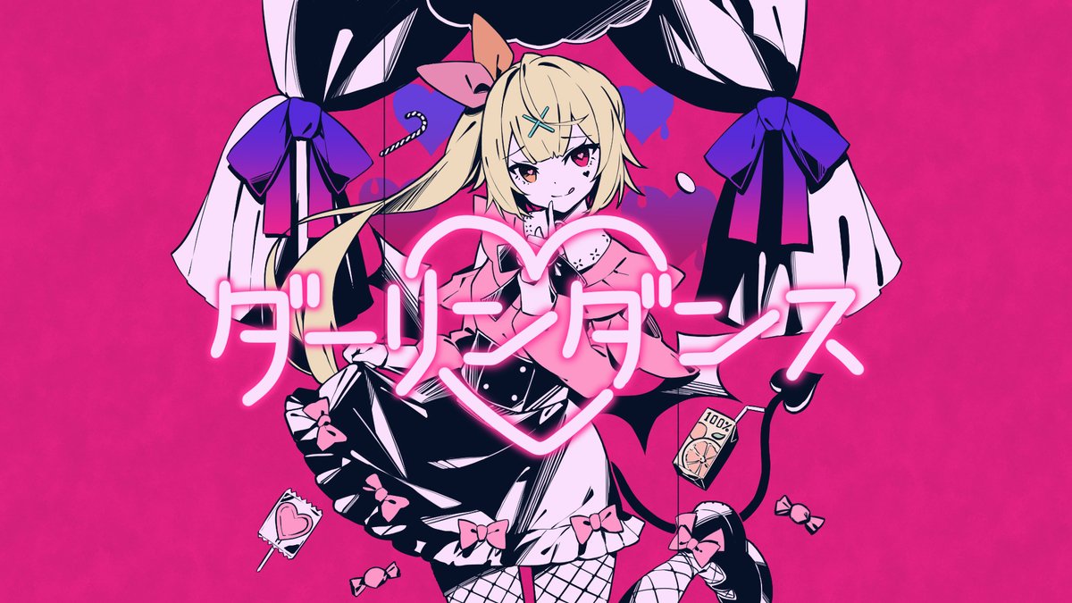 1girl bangs bibisuka black_footwear black_skirt blonde_hair candy commentary_request fishnet_legwear fishnets food hair_ornament heart heart-shaped_pupils heterochromia hoshikawa_sara juice_box licking_lips long_sleeves looking_at_viewer nijisanji official_art pink_background pink_eyes second-party_source side_ponytail skirt solo song_name symbol-shaped_pupils tongue tongue_out virtual_youtuber x_hair_ornament yellow_eyes