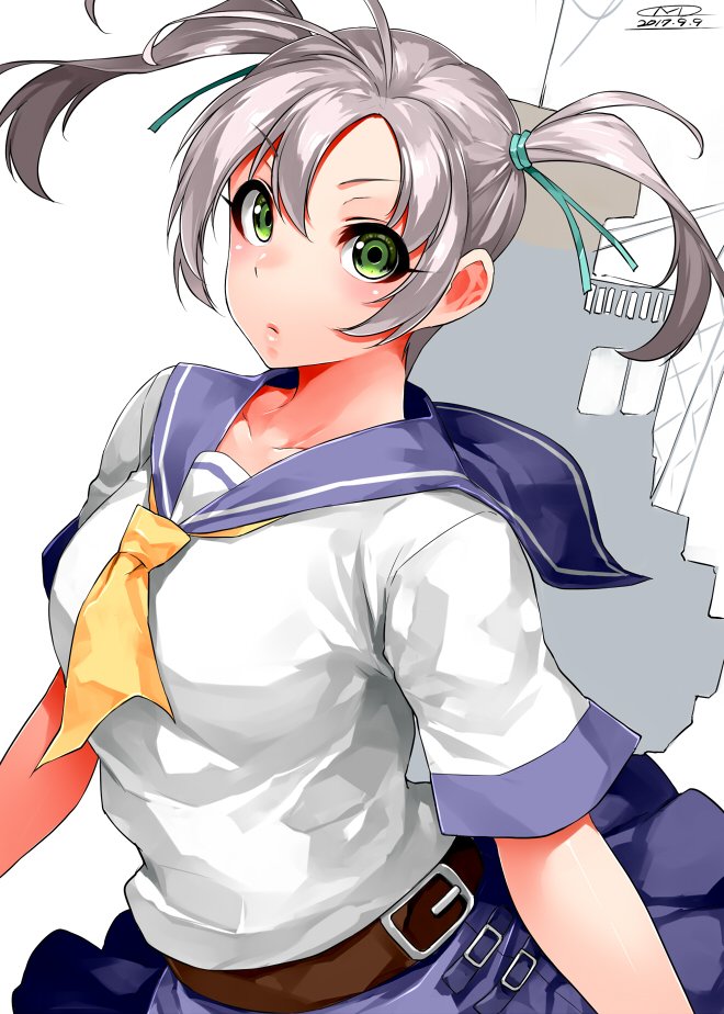 1girl antenna_hair aqua_ribbon bangs blue_sailor_collar blue_skirt breasts closed_mouth dated eyelashes green_eyes grey_hair hair_ribbon happa_(cloverppd) kantai_collection kinugasa_(kancolle) looking_at_viewer neckerchief ribbon rigging sailor_collar school_uniform serafuku short_sleeves signature simple_background skirt small_breasts solo twintails upper_body white_background yellow_neckerchief