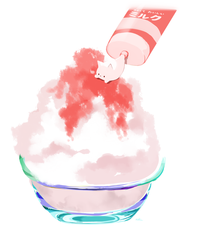 animal cat chai_(drawingchisanne) commentary_request condensed_milk dessert food food_focus glass glass_bowl no_humans on_food original shaved_ice signature squeeze_bottle syrup translation_request undersized_animal white_background