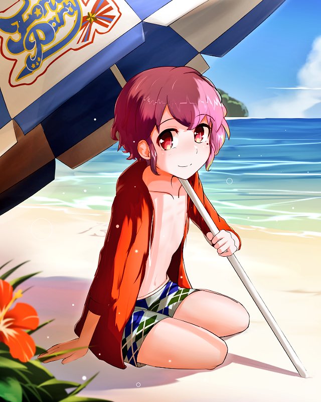 13-gou 1boy beach beach_umbrella closed_mouth clouds collarbone flower leona_west looking_at_viewer male_focus male_swimwear mole mole_under_eye navel ocean otoko_no_ko pink_eyes pink_hair pretty_(series) pripara smile solo swim_trunks umbrella