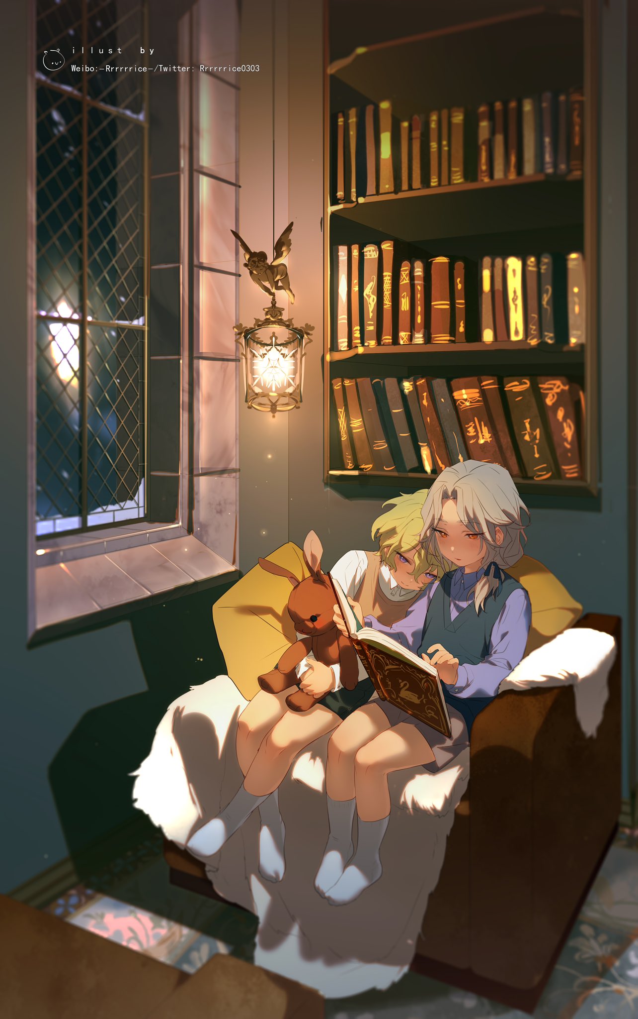 2boys bangs blonde_hair blurry blush book bookshelf carpet child collared_shirt couch crossed_legs depth_of_field dress_shirt ensemble_stars! foot_dangle grey_hair grey_legwear hair_between_eyes hair_over_shoulder hair_ribbon head_on_another's_shoulder highres holding holding_book holding_stuffed_toy indoors lantern leaning_on_person leaning_to_the_side long_hair long_sleeves looking_away male_child male_focus multiple_boys night no_shoes open_book outstretched_arms own_hands_together pelt pillow ponytail purple_shirt ran_nagisa reading red_eyes ribbon rrr_(reason) shirt short_hair side-by-side sitting smile snow socks stuffed_animal stuffed_bunny stuffed_toy sweater_vest tomoe_hiyori violet_eyes web_address white_shirt window younger