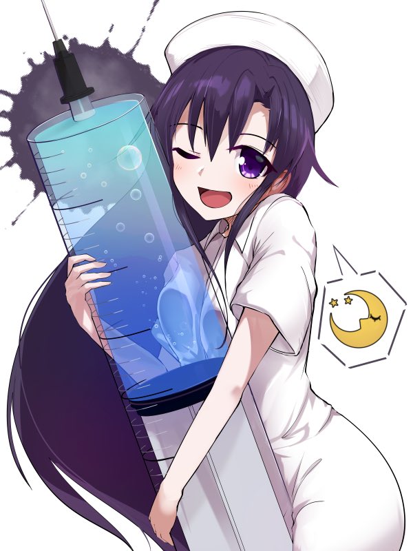 13-gou 1girl breasts crescent_moon dress goshiki_agiri hat kill_me_baby long_hair looking_at_viewer moon nurse nurse_cap one_eye_closed open_mouth purple_hair simple_background smile solo syringe violet_eyes white_background