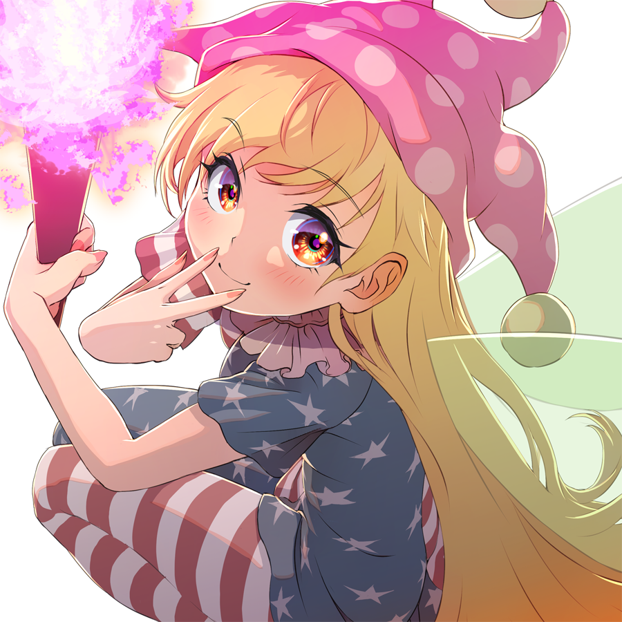 1girl american_flag_dress american_flag_legwear bangs blonde_hair blush clownpiece dress fairy_wings feet_out_of_frame from_above hat holding holding_torch jester_cap long_hair pantyhose polka_dot red_eyes shiroi_karasu short_sleeves smile solo squatting star_(symbol) striped swept_bangs torch touhou v_over_mouth very_long_hair w wings