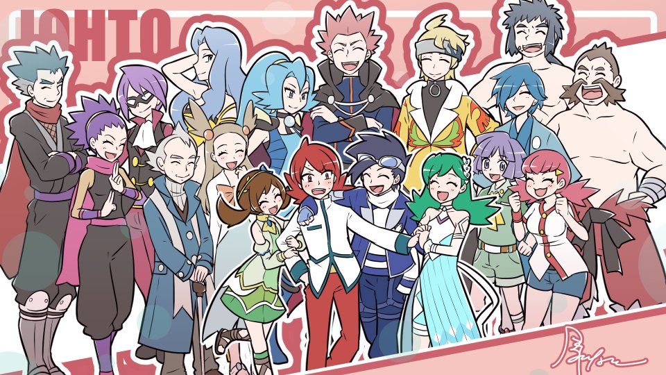 6+boys 6+girls blonde_hair blue_hair blush breasts bruno_(pokemon) bugsy_(pokemon) cane cape chuck_(pokemon) clair_(pokemon) closed_eyes crossed_arms ethan_(pokemon) eyewear_on_head facial_hair falkner_(pokemon) goggles grey_hair hair_bobbles hair_ornament hair_over_one_eye halterneck hand_on_another's_shoulder happy holding_hands jacket janine_(pokemon) karen_(pokemon) koga_(pokemon) kris_(pokemon) lance_(pokemon) lyra_(pokemon) mask morty_(pokemon) multiple_boys multiple_girls official_alternate_costume open_mouth pokemon pokemon_(game) pokemon_hgss pokemon_masters_ex pryce_(pokemon) purple_hair redhead scarf signature silver_(pokemon) smile topless_male twintails whitney_(pokemon) will_(pokemon) yuki_mura_1031