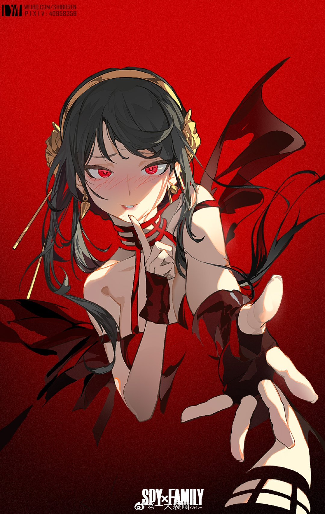 1girl bangs bare_shoulders black_hair blush dm_(dai_miao) finger_to_mouth fingerless_gloves fishnet_legwear fishnets gloves highres long_hair looking_at_viewer off_shoulder reaching_out red_background red_eyes shushing simple_background sleeveless smile solo spy_x_family twintails yor_briar
