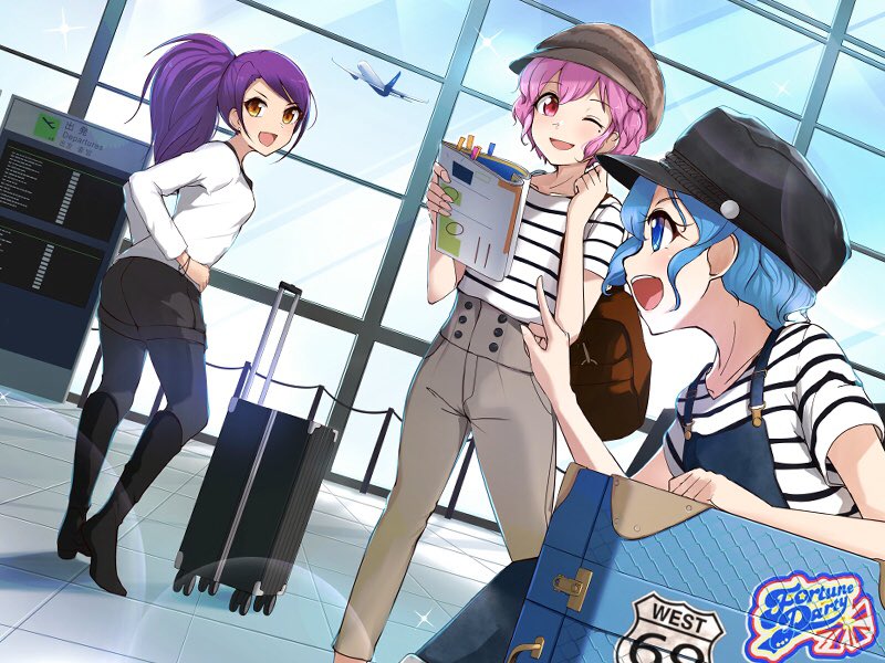 13-gou 1boy 2girls blue_eyes blue_hair braid breasts brother_and_sister clouds dorothy_west leona_west long_hair multiple_girls navel one_eye_closed open_mouth otoko_no_ko pink_hair pretty_(series) pripara purple_hair short_hair siblings side_ponytail smile toudou_shion yellow_eyes