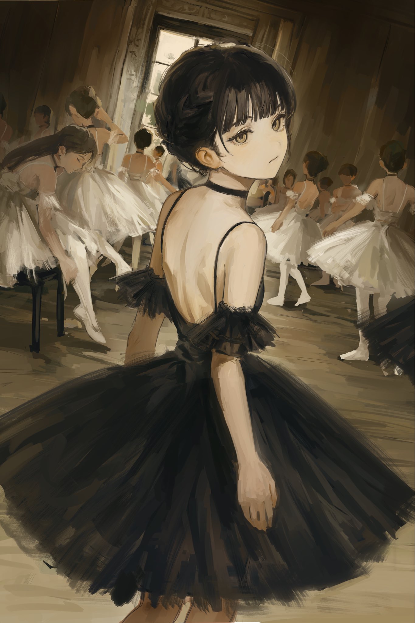 bangs bare_back black_dress black_hair brown_eyes door dress dressing dressing_room funabashi_(iwzry) highres indoors long_hair multiple_girls original short_hair white_dress