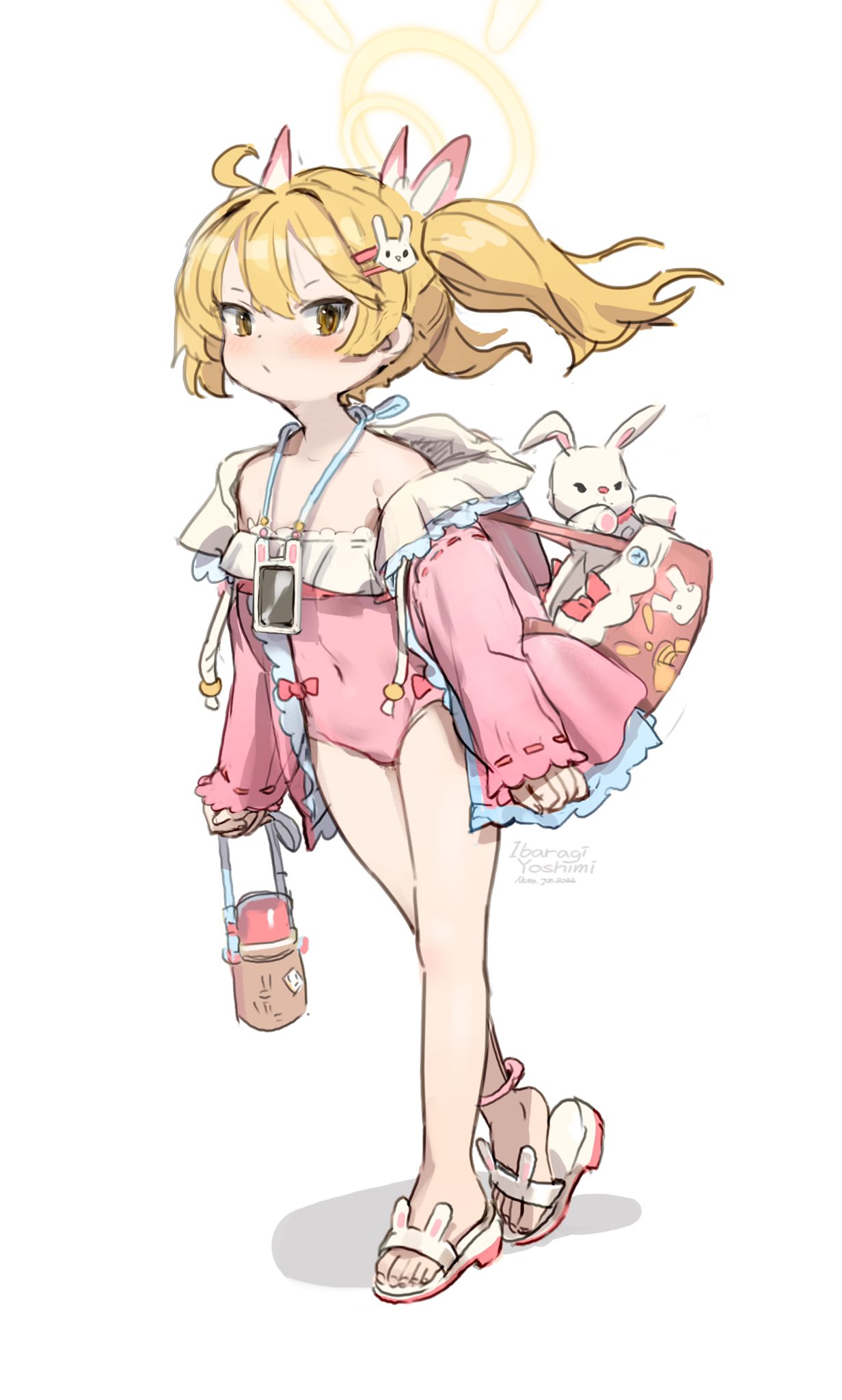 1girl ahoge bag blonde_hair blue_archive bow brown_eyes bunny_hair_ornament covered_navel frilled_jacket frilled_swimsuit frills hair_ornament hairclip handbag highres jacket looking_at_viewer nemo_(leafnight) off_shoulder one-piece_swimsuit phone pink_bow pink_jacket pink_swimsuit sandals solo stuffed_animal stuffed_bunny stuffed_toy swimsuit twintails yoshimi_(blue_archive)