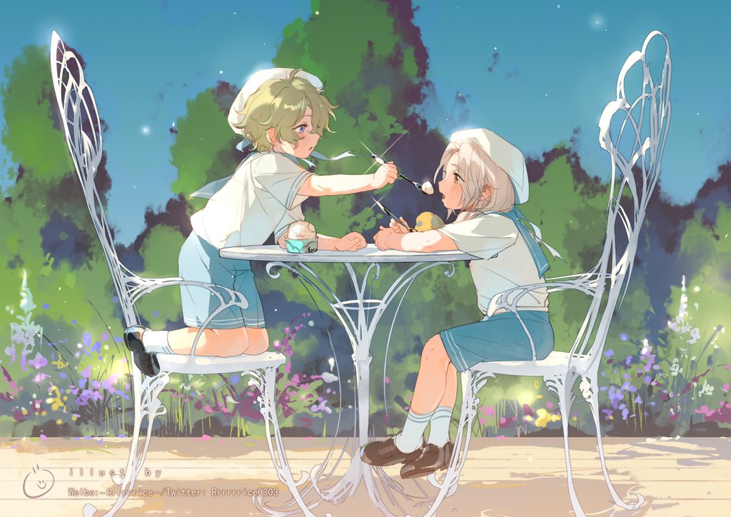 2boys bangs bare_arms black_footwear blonde_hair blue_ribbon blue_shorts bob_cut brown_footwear bush chair child crossed_ankles day ensemble_stars! feeding flower food from_behind glint hat holding holding_spoon ice_cream kneeling light_particles long_hair male_child male_focus multiple_boys on_chair open_mouth outdoors outstretched_arms profile ran_nagisa red_eyes ribbon rrr_(reason) sailor_collar sailor_hat sailor_shirt shirt shoes short_hair short_sleeves shorts sitting socks soft_serve spoon table tomoe_hiyori violet_eyes web_address white_headwear white_legwear white_shirt wind younger
